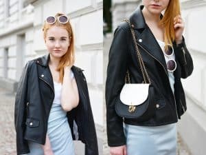 Modeblog Oldenburg Rote Haare hellblaues Kleid Lederjacke runde Sonnenbrille